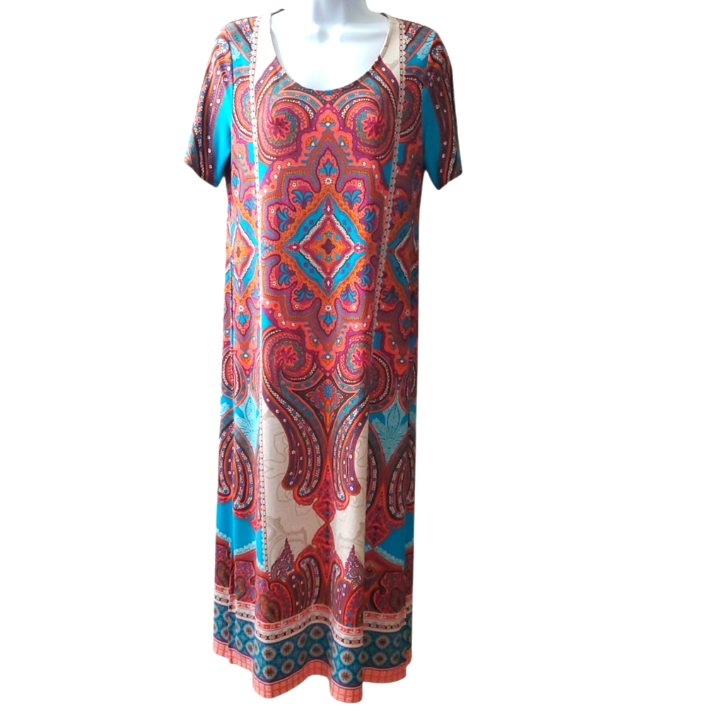 Chicos Womens Multicolored Shortsleeve Stretchy Hindu Patterened Maxi Dress NWT